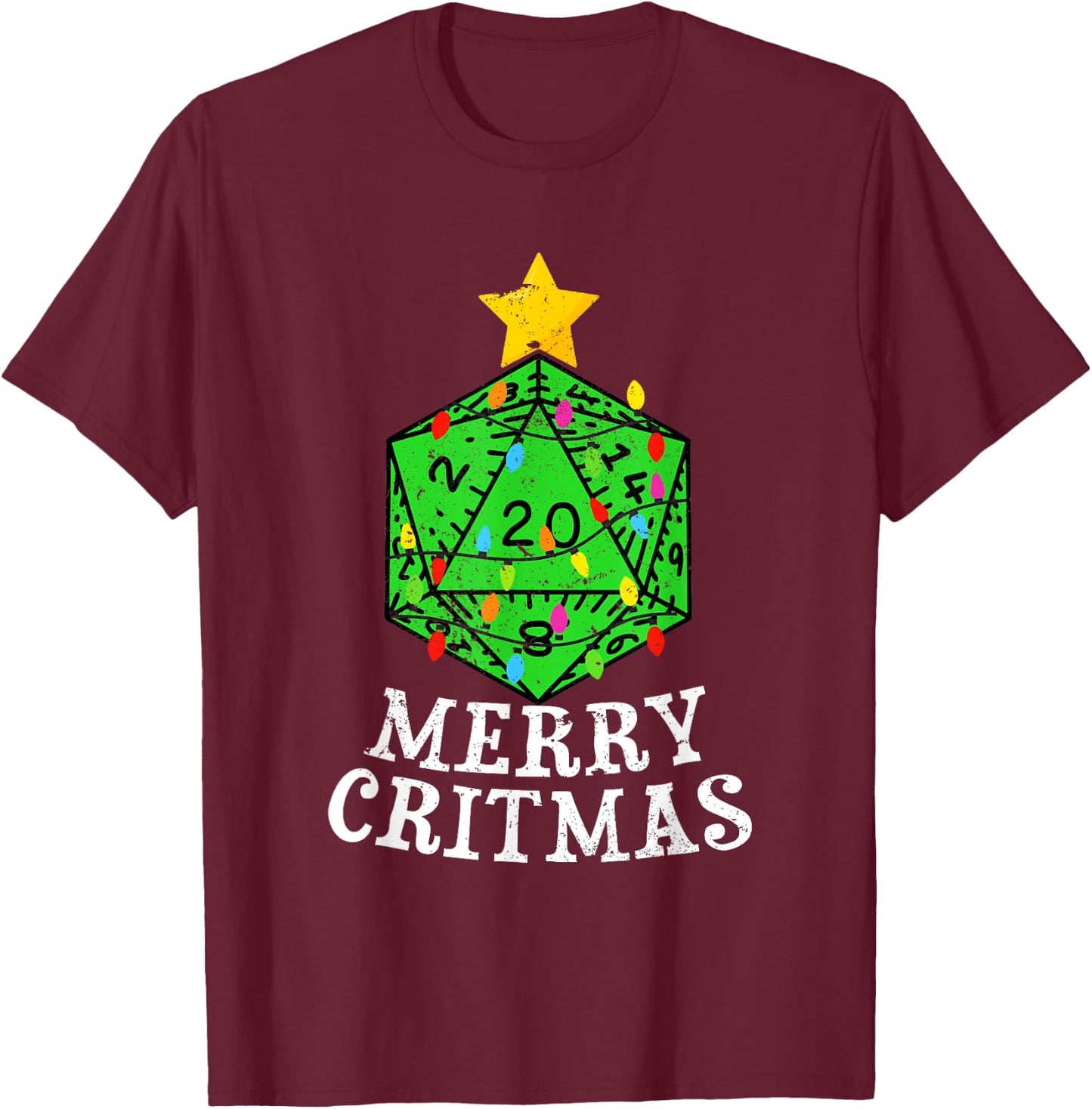 Merry Critmas D20 RPG Christmas Tree RPG Gamer Gaming Xmas T-Shirt - T-Shirt | Maroon