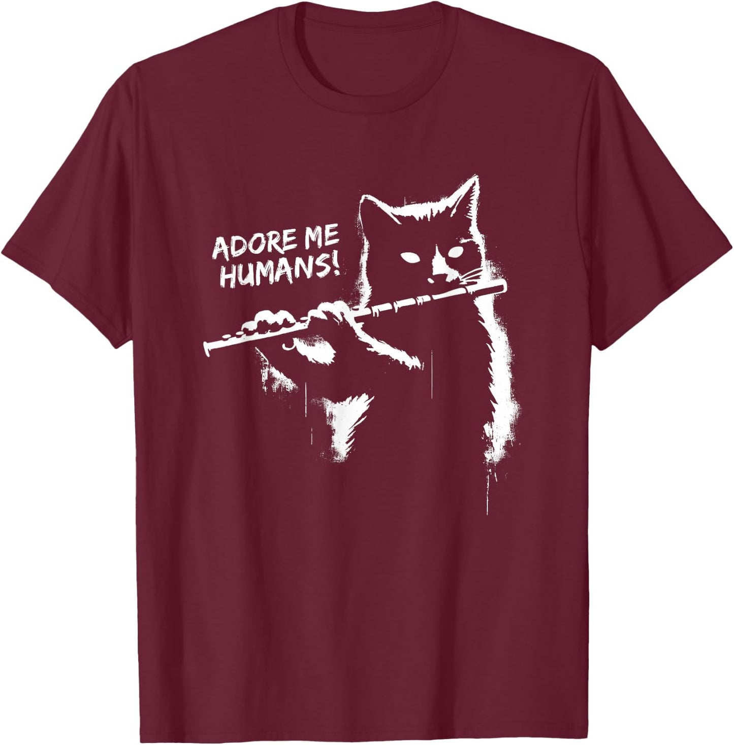 Retro Cat Apparel Gifts Black Cat Playing Flute - Funny Graphic Cat Kitten Lover , Small T-Shirt - T-Shirt | Maroon