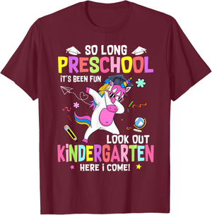 So Long Pre K It's Been Fun Look Out Kindergarten Unicorn T-Shirt - T-Shirt | Maroon