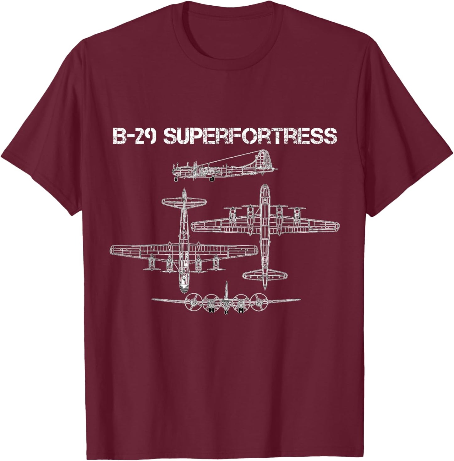 B-29 Superfortress WW2 Heavy Bomber Aircraft Blueprint T-Shirt - T-Shirt | Maroon
