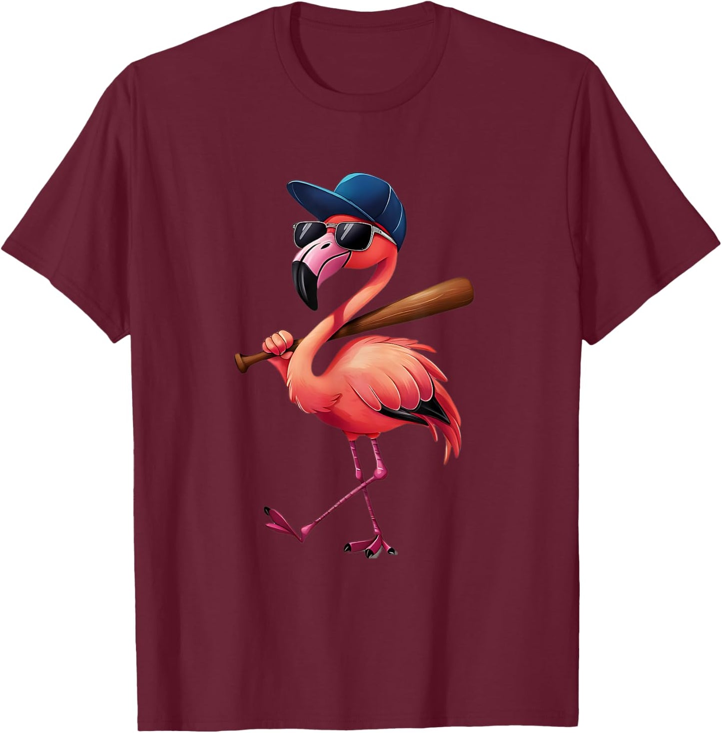 Funny Flamingo Cool Playing Softball Flamingo in Sunglasses T-Shirt - T-Shirt | Maroon