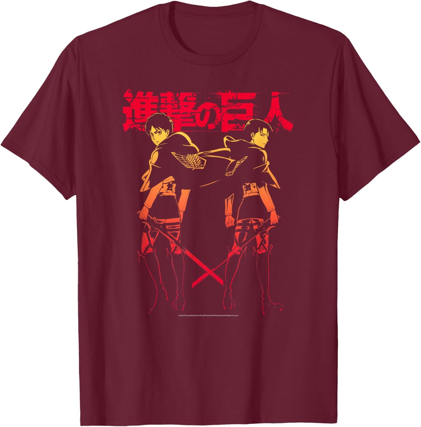 Attack on Titan Levi & Eren Gradient with Japanese Anime T-Shirt - T-Shirt | Maroon