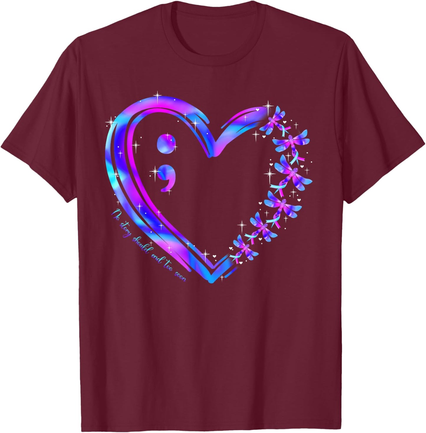 Suicide Prevention Awareness Teal Purple Heart Dragonfly T-Shirt - T-Shirt | Maroon
