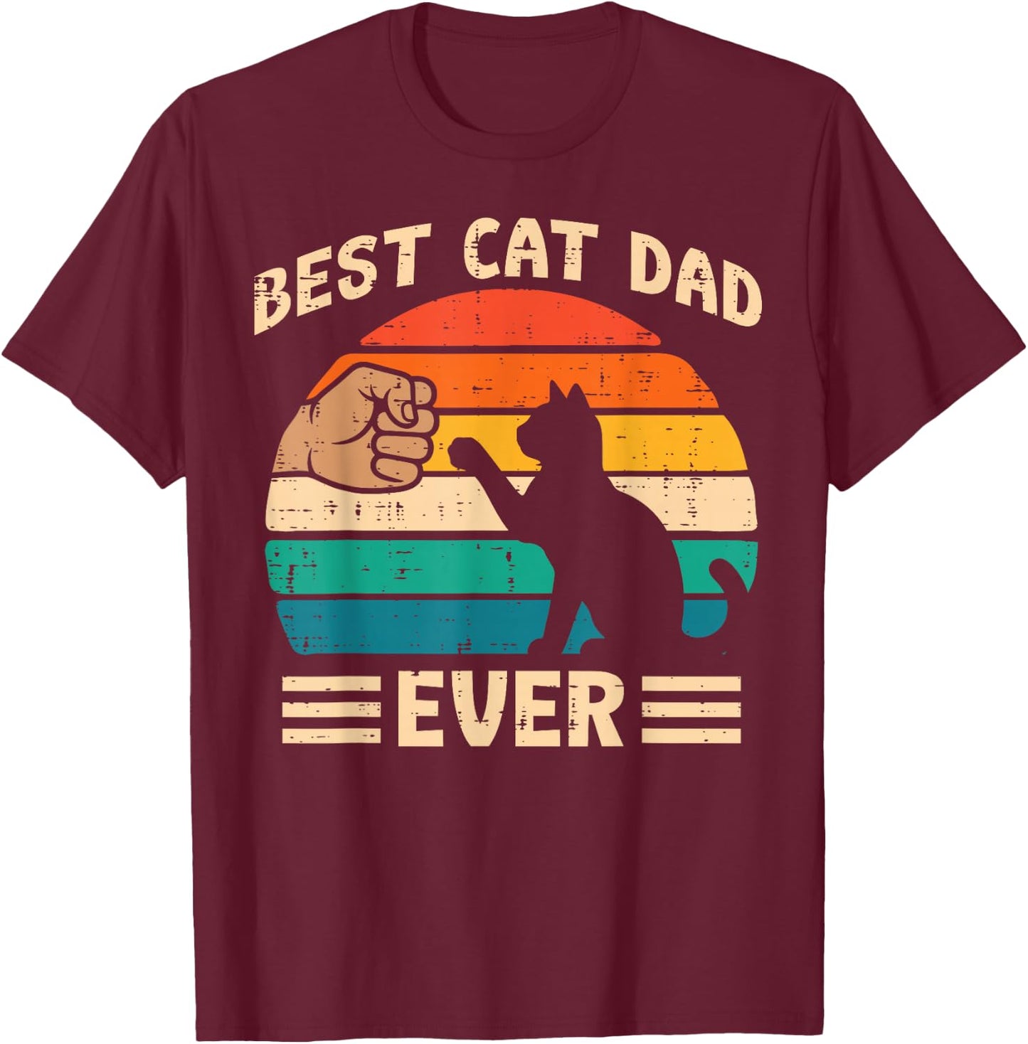 Best Cat Dad Ever Fist Bump Retro Fathers Day Fur Papa Daddy T-Shirt - T-Shirt | Maroon