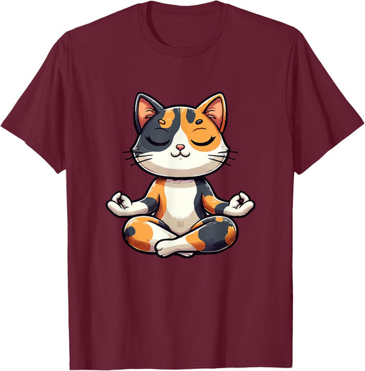 Calico Cat Yoga Exercise Feline Animal Pet Kawaii Calico Cat Men Women T-Shirt - T-Shirt | Maroon