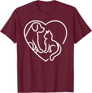 Dog Puppy and Baby Cat Heart - Animal Dog & Cat Heart T-Shirt - T-Shirt | Maroon