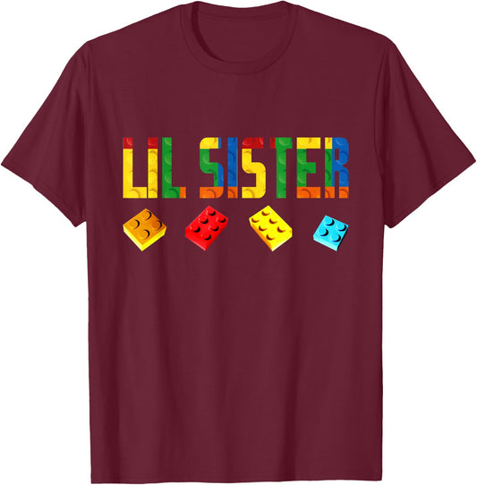 Lil Sister Master Builder Building Blocks Birthday Family T-Shirt - T-Shirt | Maroon