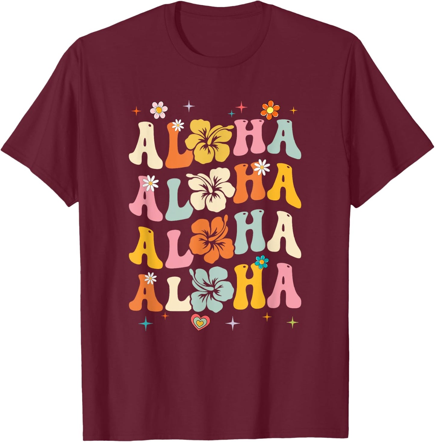 Aloha Women Hawaii Family Vacation Trip Girls Summer Groovy T-Shirt - T-Shirt | Maroon
