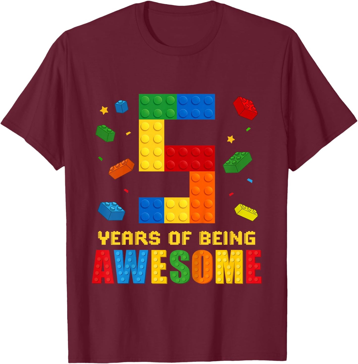 Kids 5 Year Old Birthday Boy Being Awesome Building Bricks 5th T-Shirt - T-Shirt | Maroon