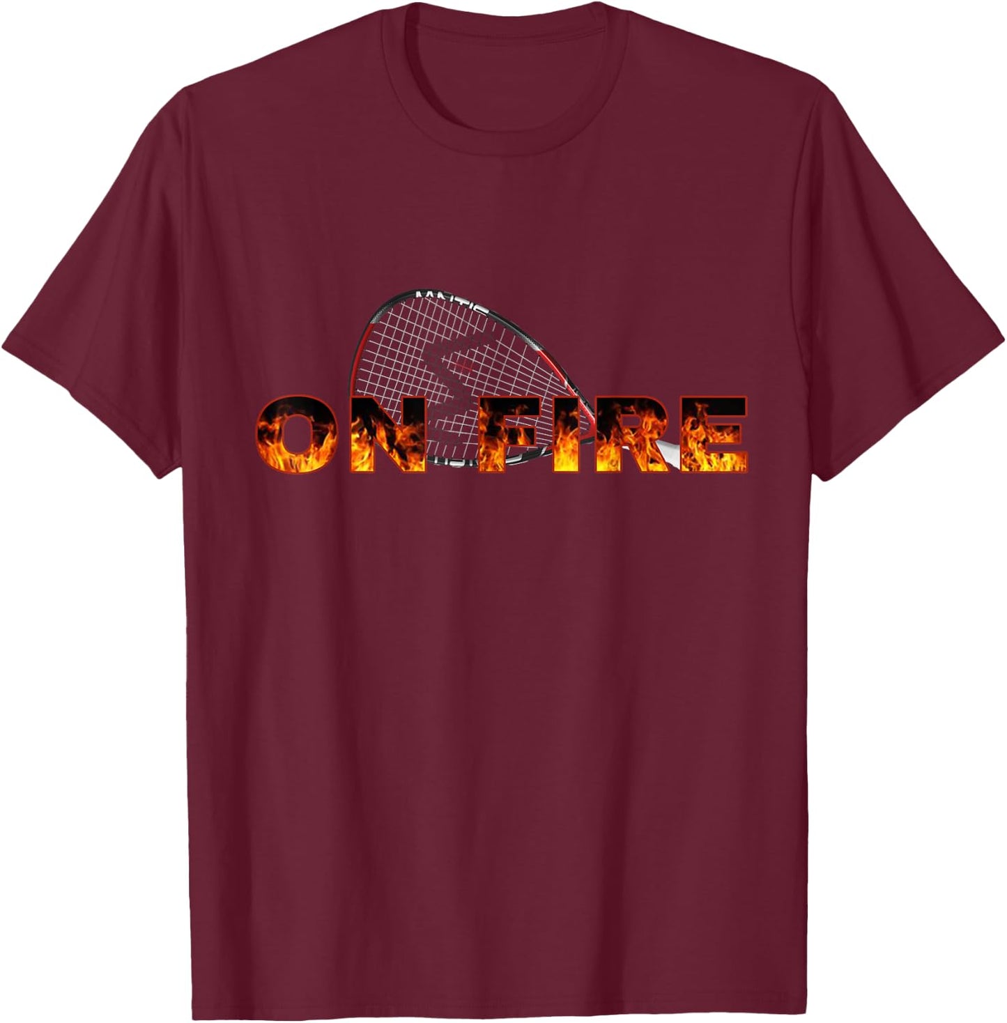 Racquetball Racquet On Fire with Flames Graphic Gear T-Shirt - T-Shirt | Maroon