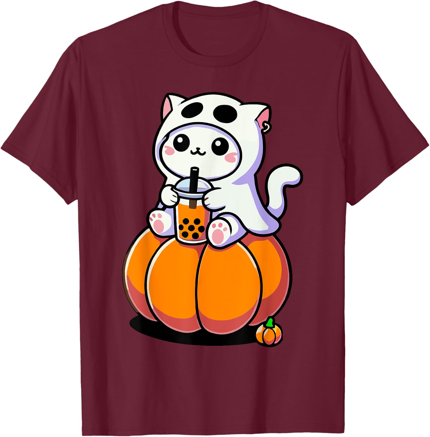 Cute Halloween Cat in Ghost Costume Drinking Boba Tea Men Women Kids T-Shirt - T-Shirt | Maroon