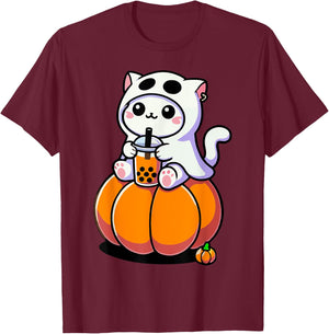 Cute Halloween Cat in Ghost Costume Drinking Boba Tea Men Women Kids T-Shirt - T-Shirt | Maroon
