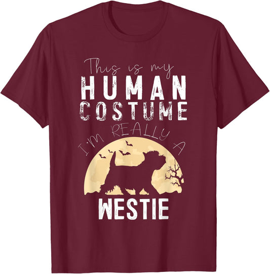 Halloween Human Costume Westie Moon Silhouette Creepy T-Shirt - T-Shirt | Maroon