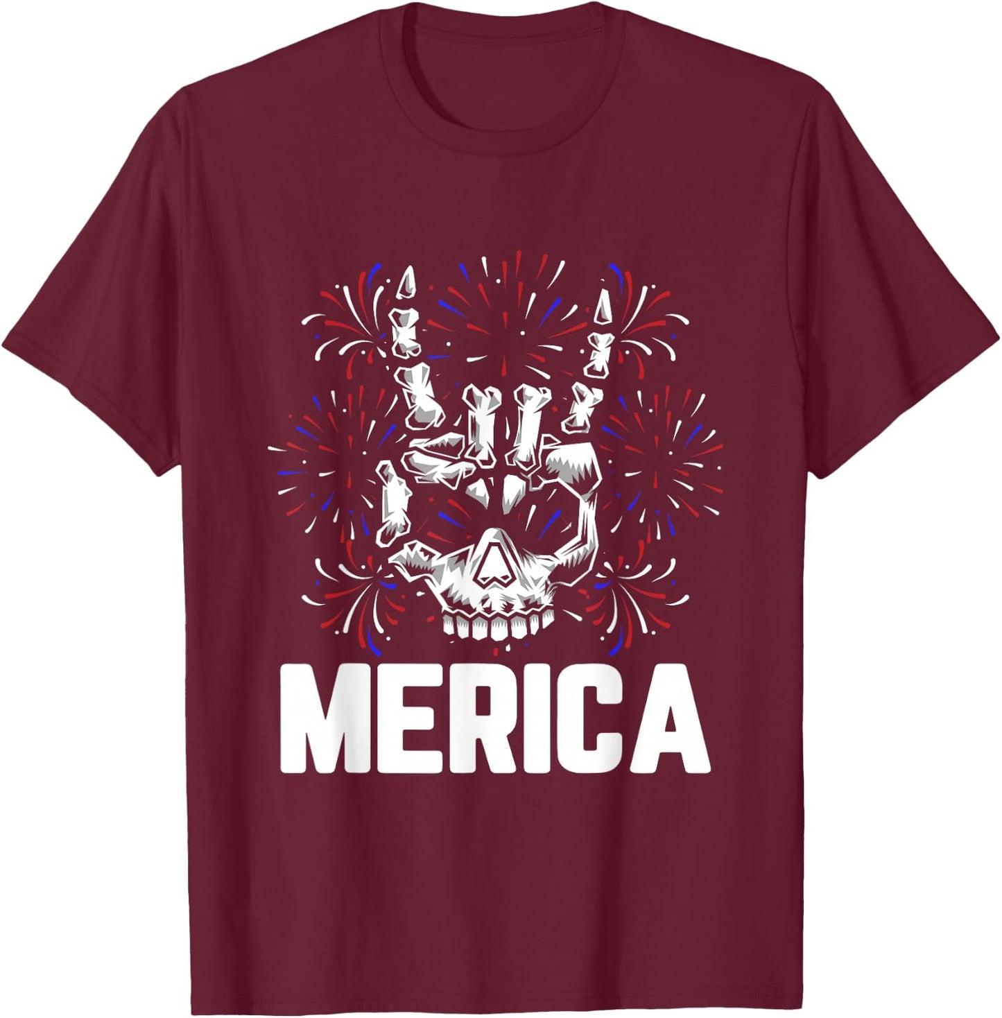 Merica 4th of July Rock And Roll Skull Hands Rocker T-Shirt - T-Shirt | Maroon