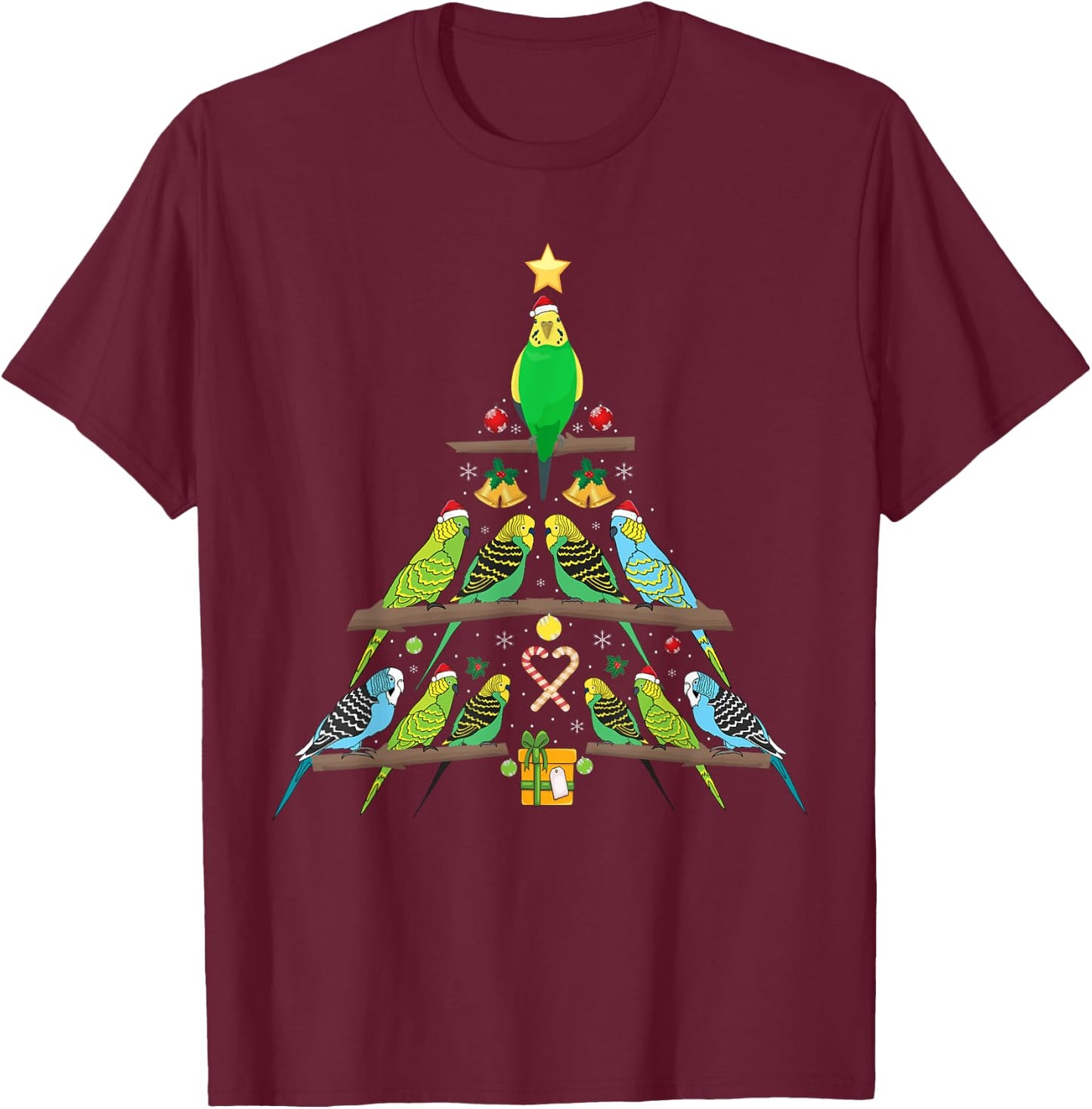 Budgie Christmas Tree Bird Christmas T-Shirt - T-Shirt | Maroon