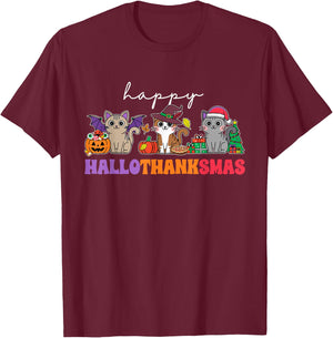 HalloThanksMas Cats : -Adults, -Kids, Black, Small, Short Sleeve, , Halloween, Thanksgiving, Christmas, Fall, Winter, Autumn T-Shirt - T-Shirt | Maroon