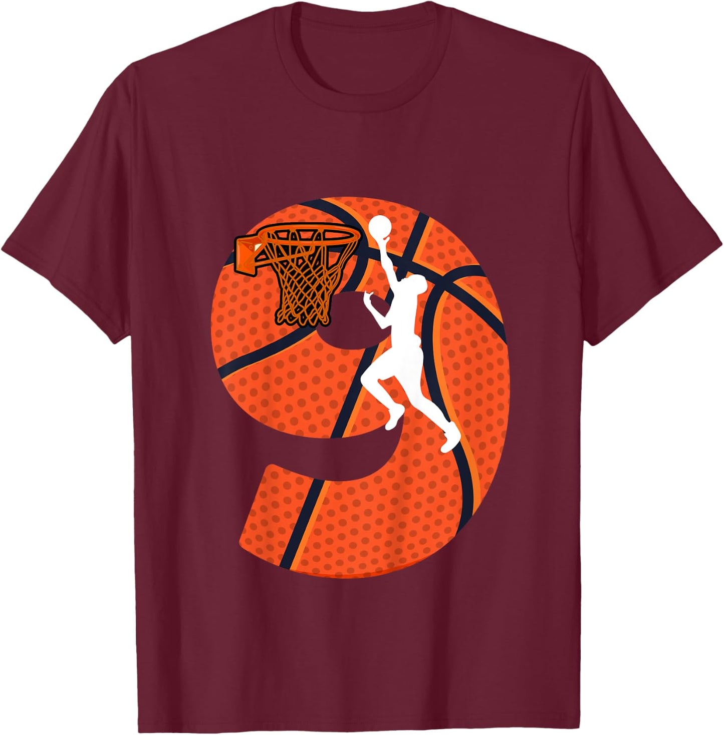 Kids 9 Year Old 9th Birthday Party Basketball Theme Boys Girls T-Shirt - T-Shirt | Maroon
