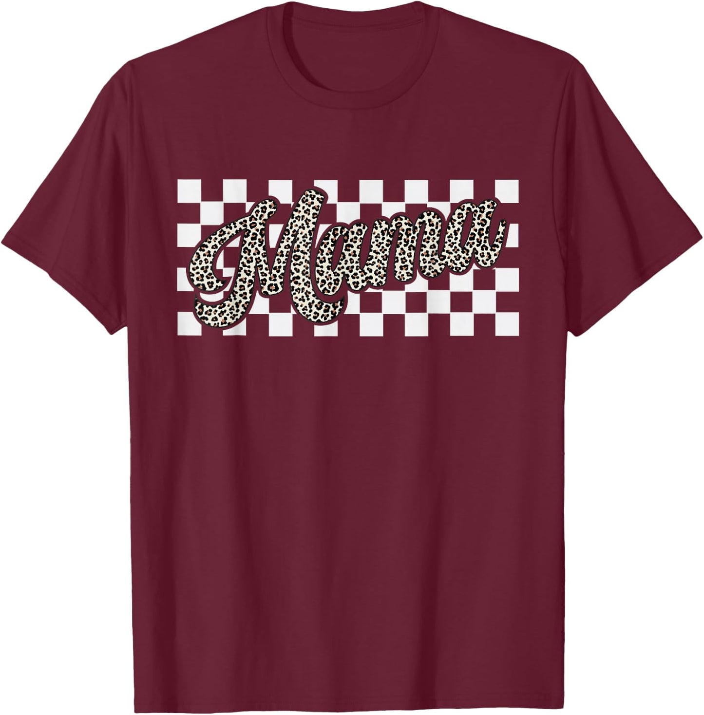 Retro Checkered Mama Leopard Print Mom Mother's Day Gifts T-Shirt - T-Shirt | Maroon