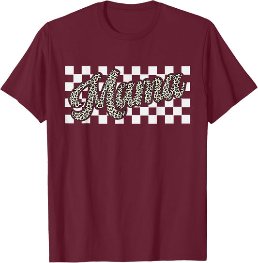 Retro Checkered Mama Leopard Print Mom Mother's Day Gifts T-Shirt - T-Shirt | Maroon