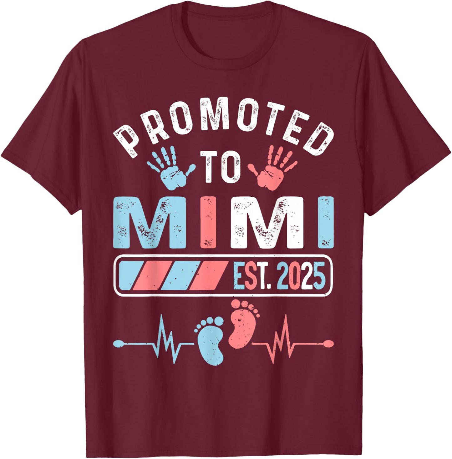 Promoted To Mimi Est. 2025 Baby Shower Gender Reveal T-Shirt - T-Shirt | Maroon