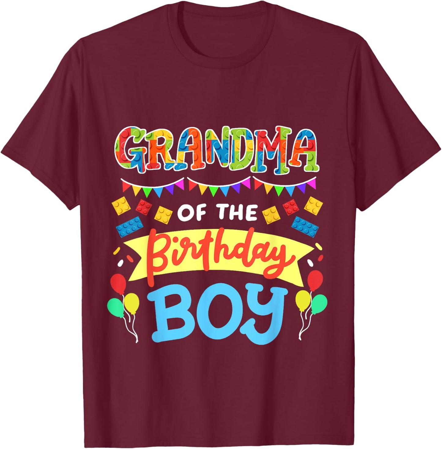Grandma of the Birthday Boy Building Blocks Bricks Family T-Shirt - T-Shirt | Maroon