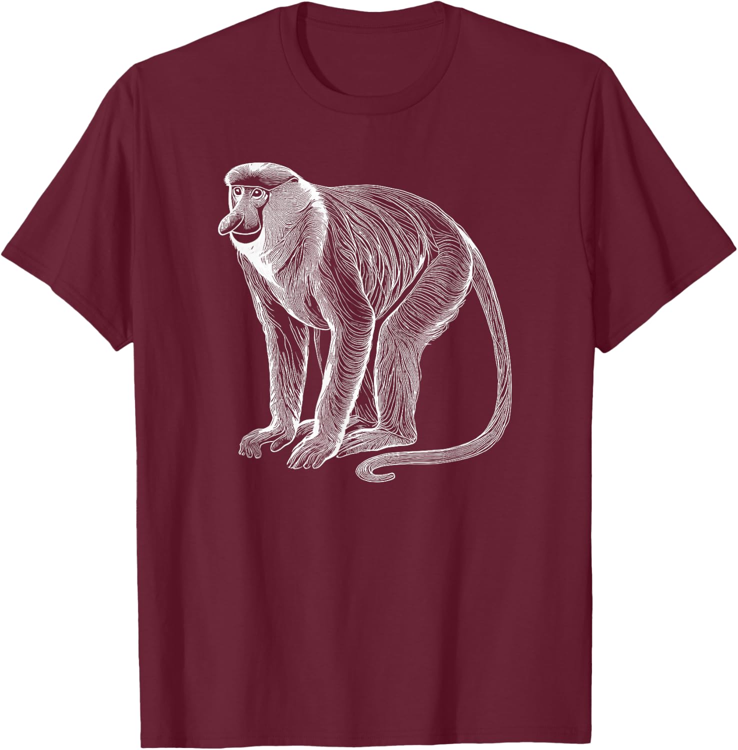 Line Art Proboscis Monkey Long-Nosed Monkey T-Shirt - T-Shirt | Maroon