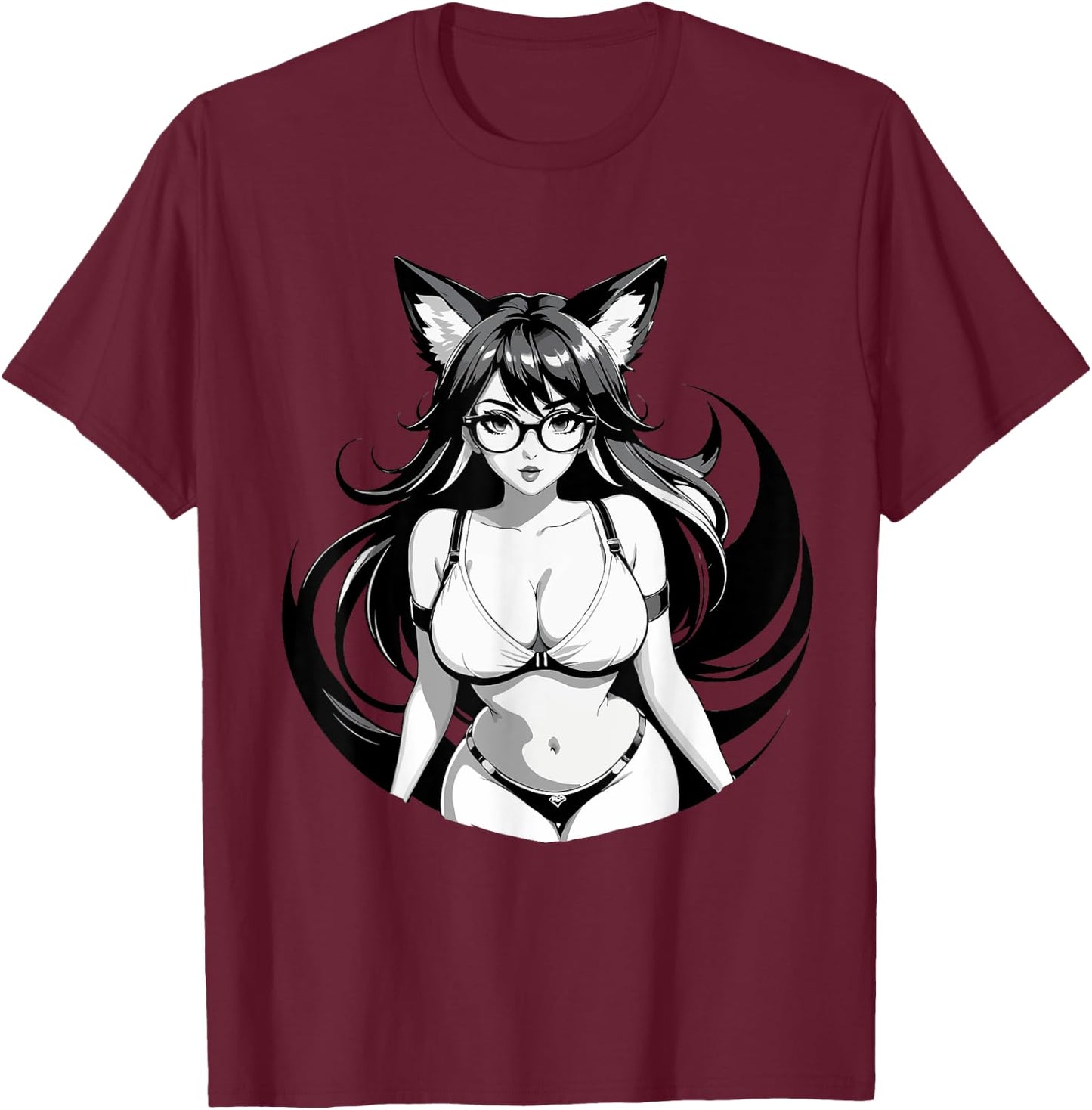 Sexy Waifu Otaku Anime Fox E-Girl Japanese Black & White T-Shirt - T-Shirt | Maroon