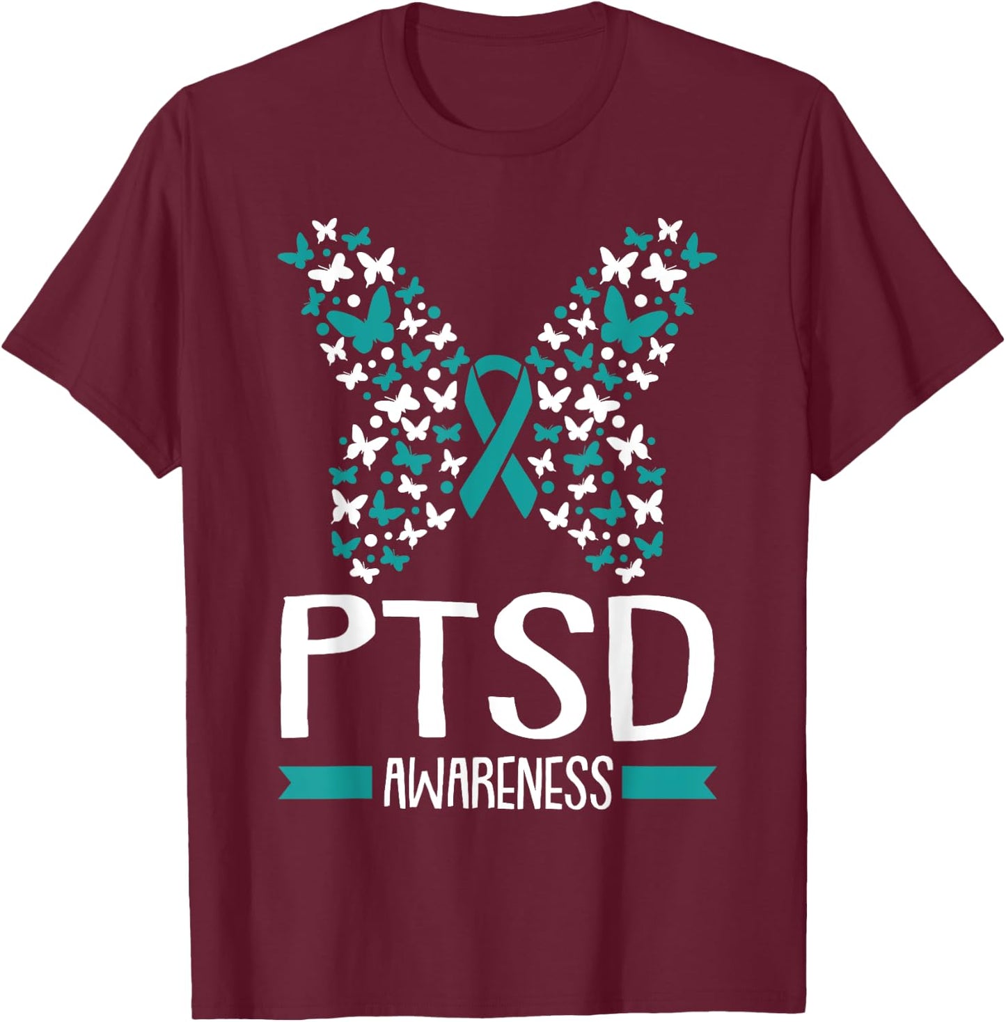 PTSD Awareness Post Traumatic Stress Disorder Ribbon Warrior T-Shirt - T-Shirt | Maroon