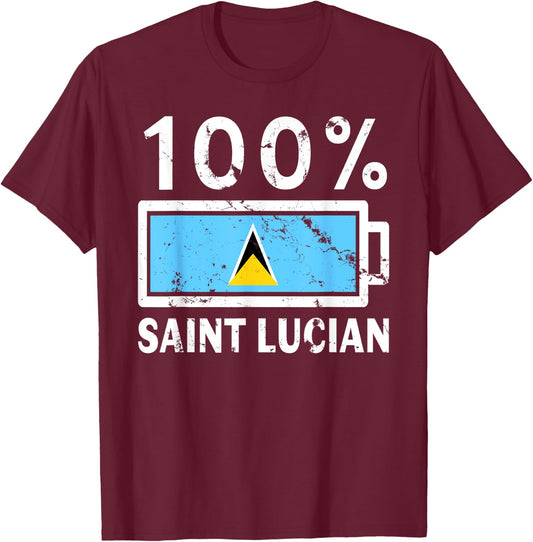 Saint Lucia Flag | 100% Saint Lucian Battery Power Tea T-Shirt - T-Shirt | Maroon
