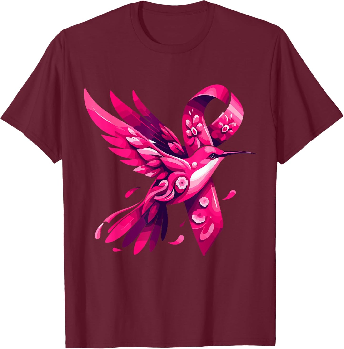 Hummingbird Flower Pink Ribbon Breast Cancer Awareness T-Shirt - T-Shirt | Maroon
