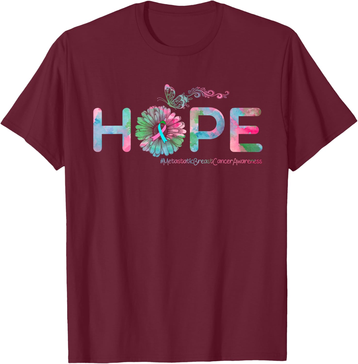 HOPE Butterfly Metastatic Breast Cancer Awareness T-Shirt - T-Shirt | Maroon