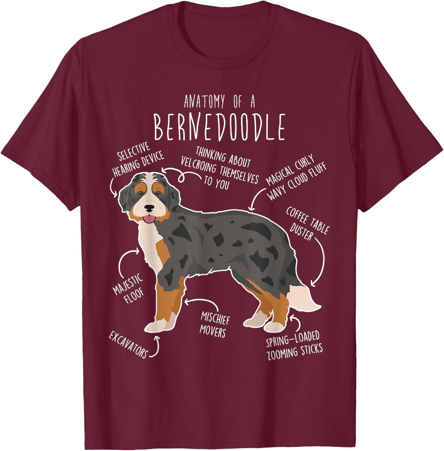Bernedoodle Dog Anatomy, Black Merle Tri Cute Funny Pet Mom Women Girls Kids T-Shirt - T-Shirt | Maroon