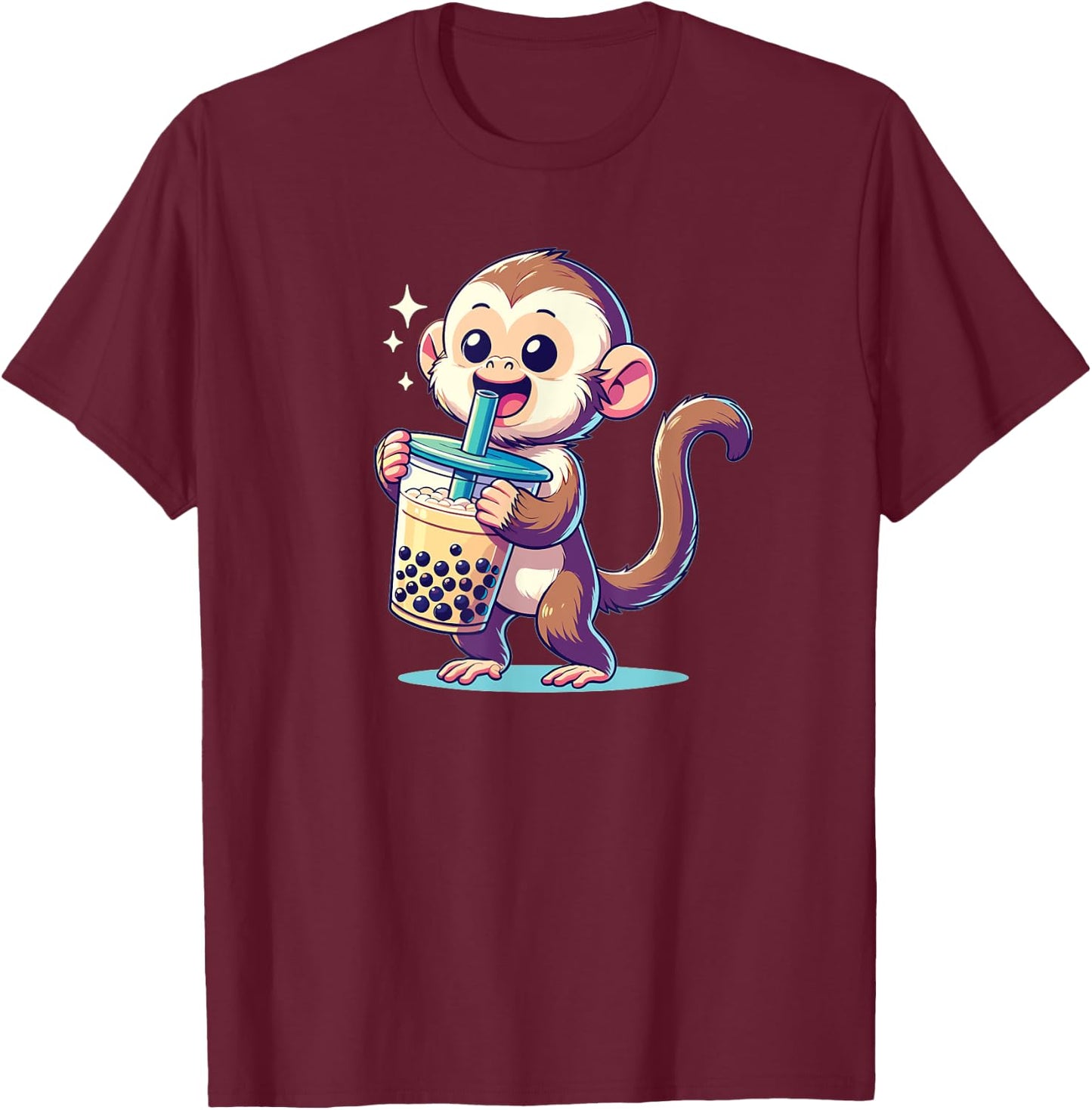 Kawaii Monkey Bubble Tea Boba Cappuccino Monkey T-Shirt - T-Shirt | Maroon