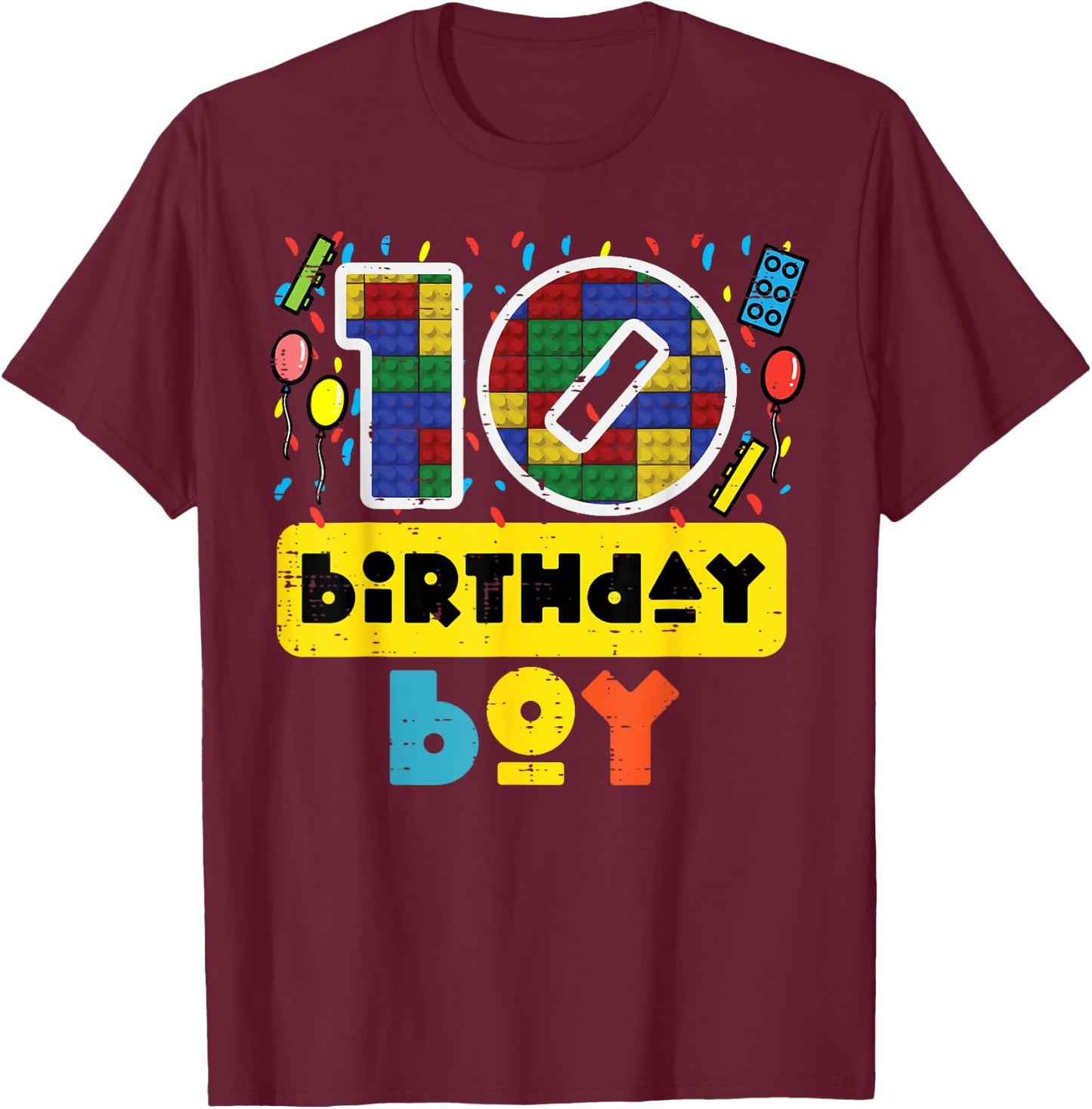 10 Birthday Boy Building Blocks 10th Bday Party Boys Kids T-Shirt - T-Shirt | Maroon