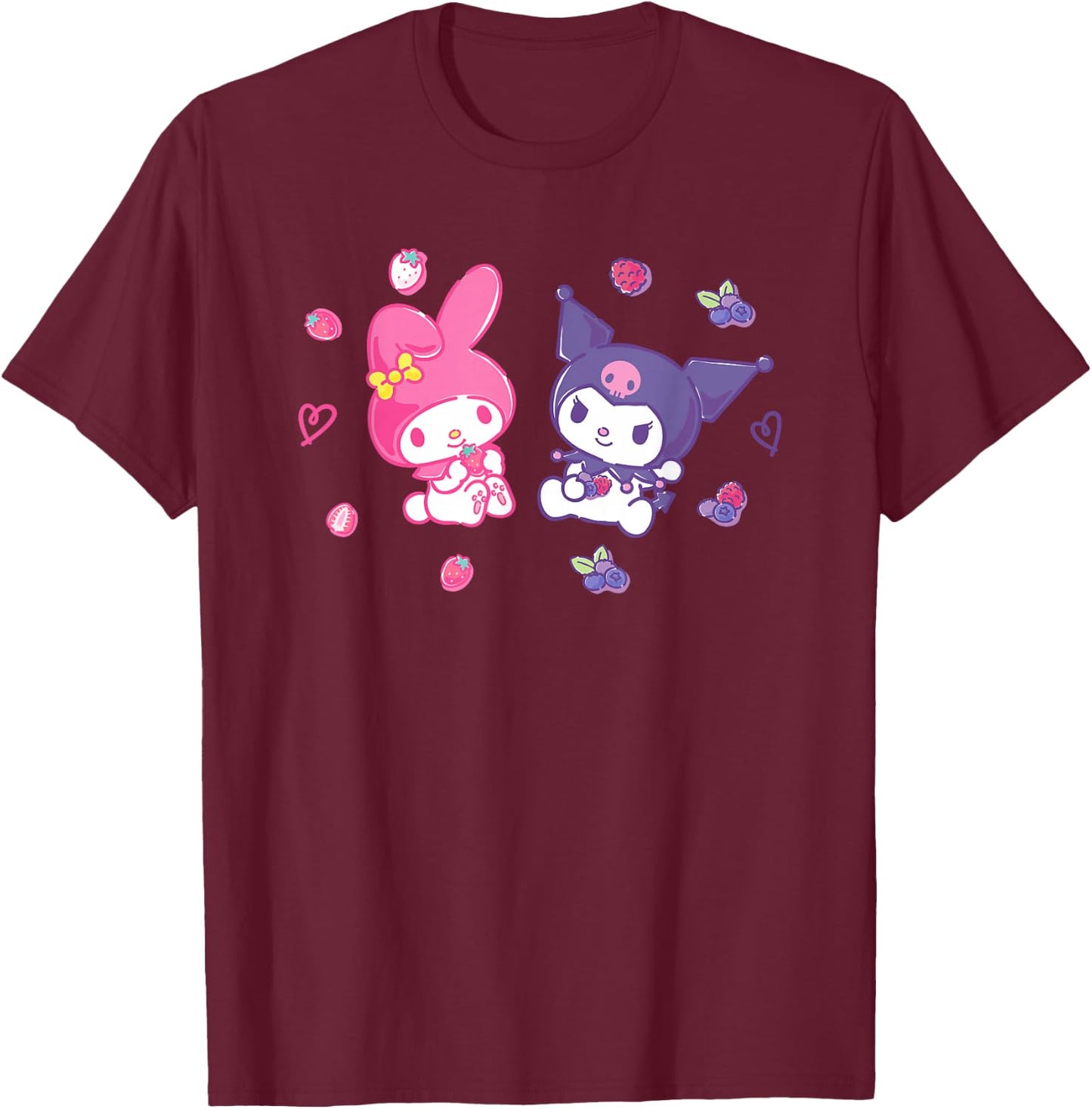 Sanrio Kuromi and My Melody Berries , Small, Black T-Shirt - T-Shirt | Maroon