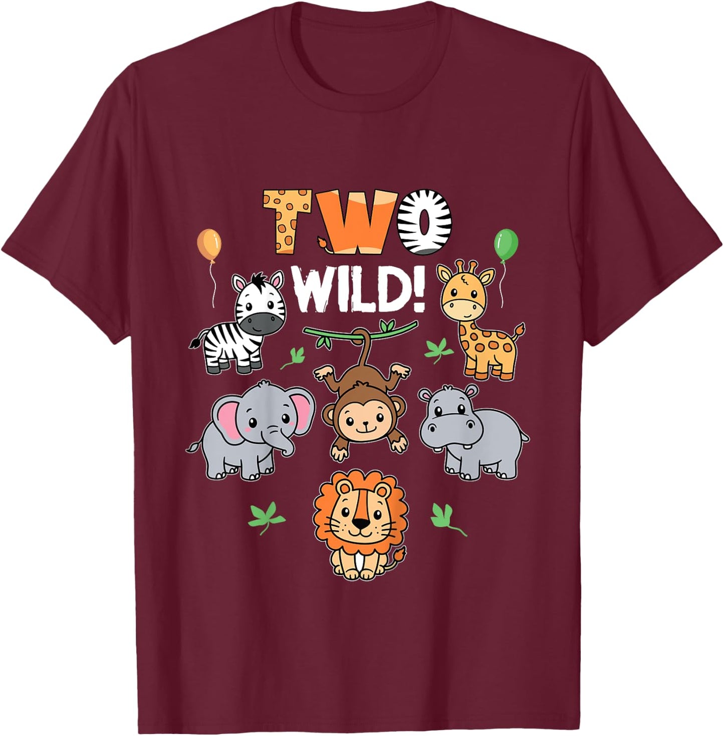 Kids 2nd Birthday Boy Girl Two Wild Jungle Zoo Animals Birthday T-Shirt - T-Shirt | Maroon