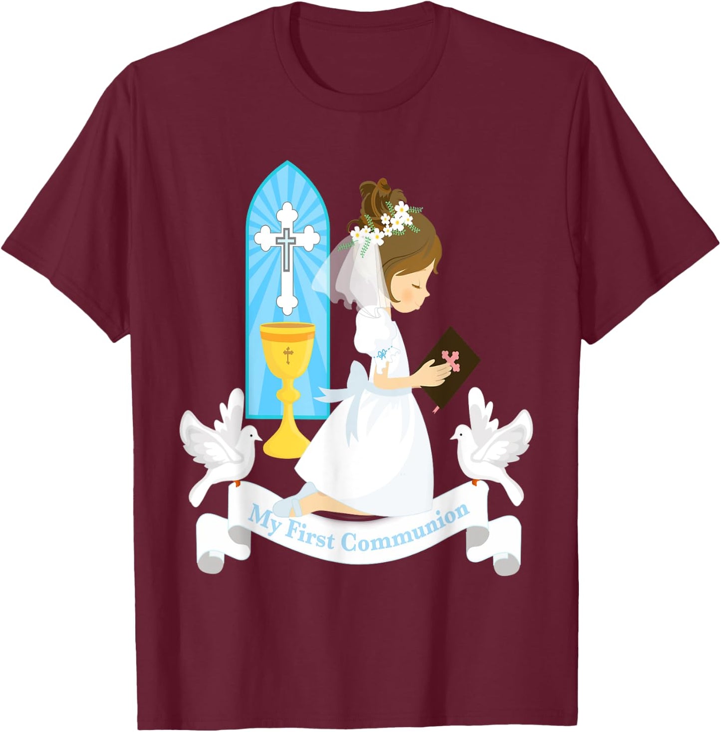 My First Communion Girls Daughter Godchild Brunette Church T-Shirt - T-Shirt | Maroon