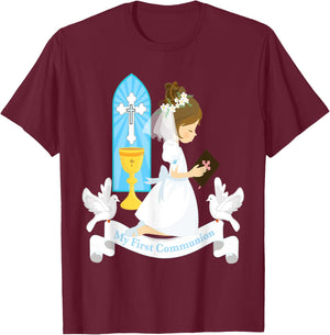 My First Communion Girls Daughter Godchild Brunette Church T-Shirt - T-Shirt | Maroon