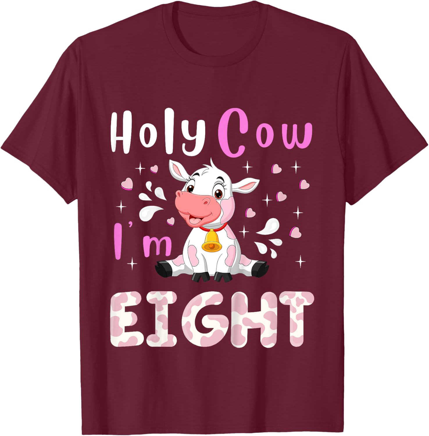 Kids Holy Cow I'm Eight Age 8 Cow Farm Theme BDay 8 Yrs Old Kid T-Shirt - T-Shirt | Maroon