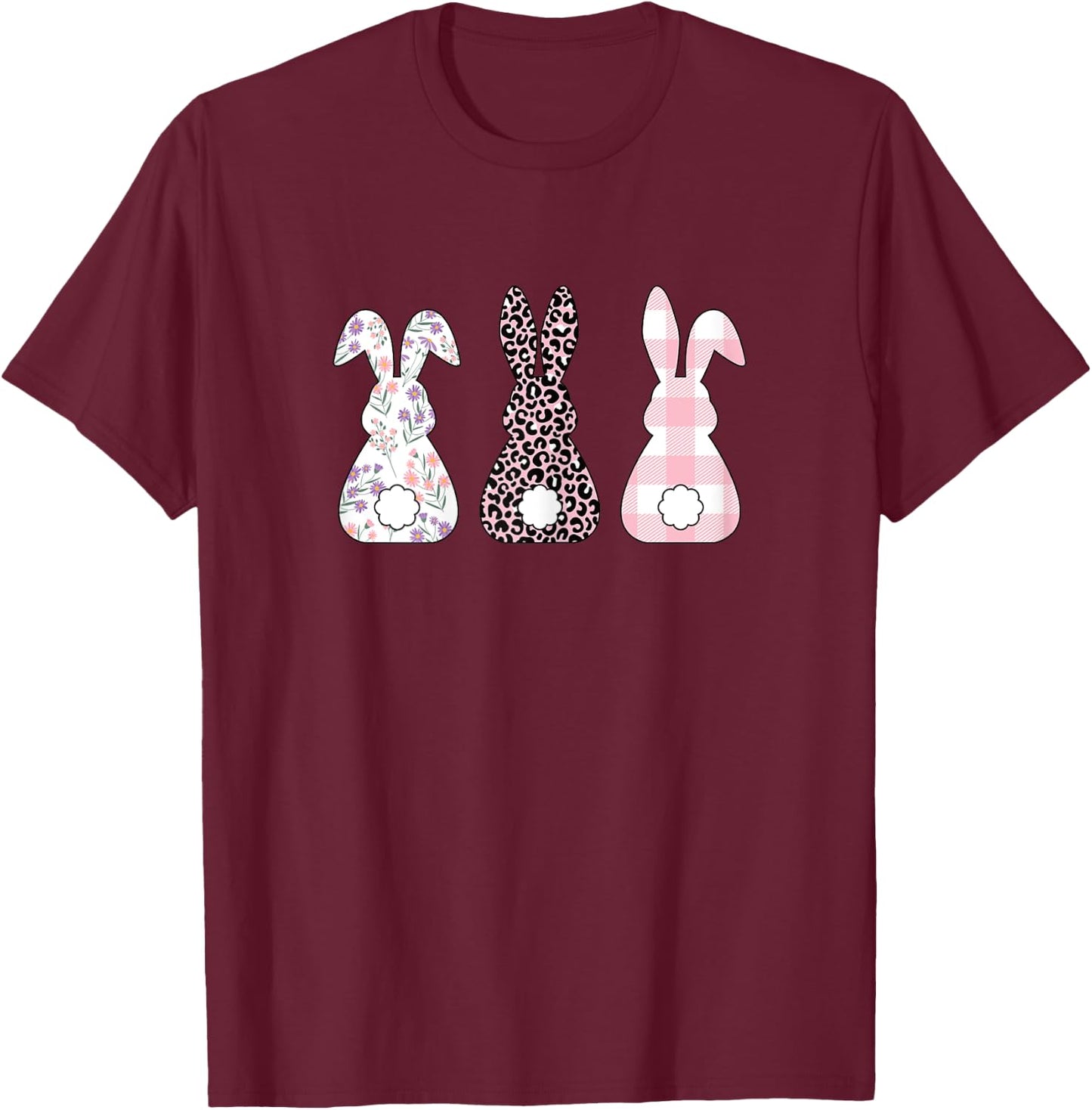 Cute Pink Leopard Plaid Flower Happy Easter Bunny Rabbit T-Shirt - T-Shirt | Maroon