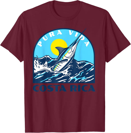 Pura Vida Costa Rica Fishing -Marlin and Sailfish Adventure T-Shirt - T-Shirt | Maroon