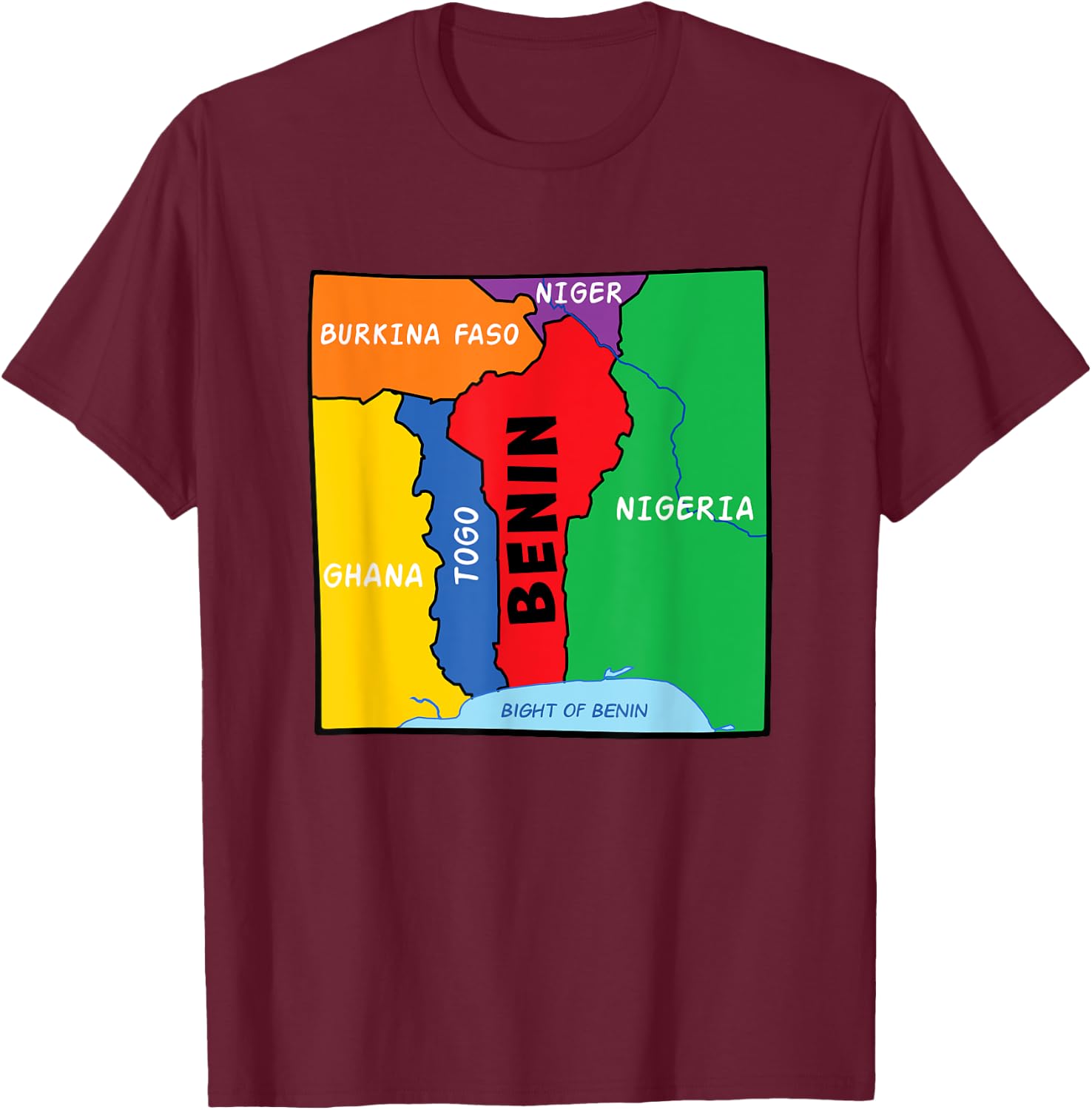 Colorful simplified Benin map, neighboring countries names T-Shirt - T-Shirt | Maroon