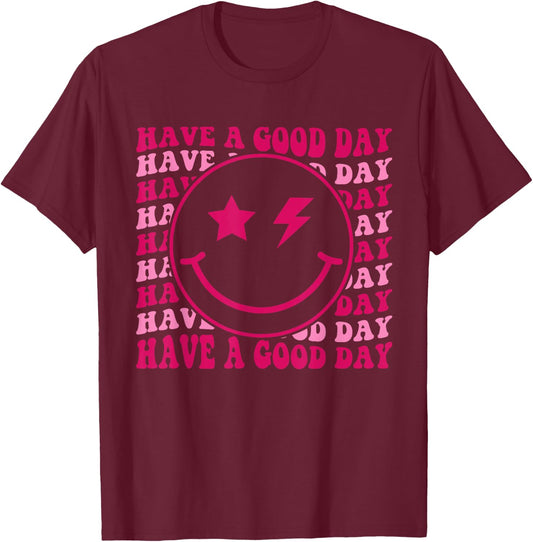 Retro Have A Good Day Happy Face Checkered Smile Face Trendy T-Shirt - T-Shirt | Maroon