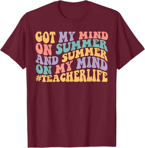 Groovy Happy Face Summer Vibes Got My Mind On Summer Teacher Women T-Shirt - T-Shirt | Maroon
