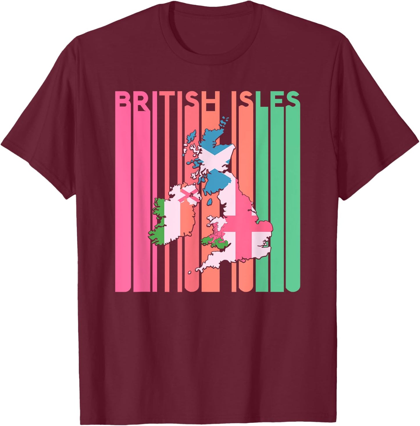 British Isles Sea Ireland Scotland Wales England Map Retro T-Shirt - T-Shirt | Maroon
