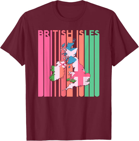 British Isles Sea Ireland Scotland Wales England Map Retro T-Shirt - T-Shirt | Maroon