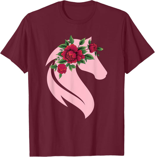 Flower Horse Lover Horse Riding Cowgirl Western Women Girls T-Shirt - T-Shirt | Maroon