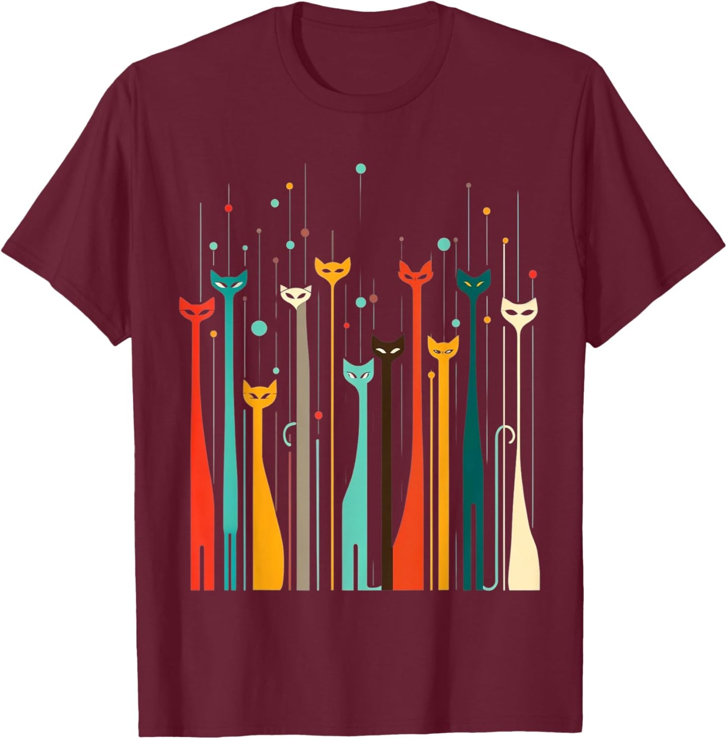 Vintage Retro Mid-Century Long Neck Cats 50s 60s Style T-Shirt - T-Shirt | Maroon