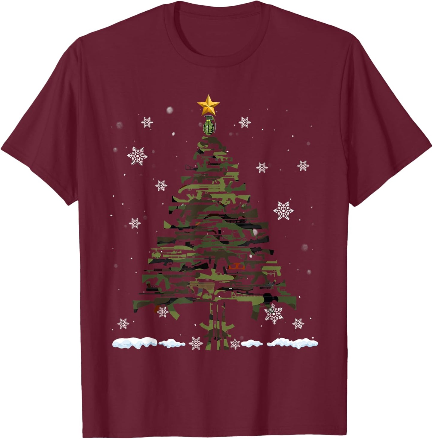 Gun Christmas Tree Funny Xmas 2024 Gifts Gun Lover Veteran T-Shirt - T-Shirt | Maroon