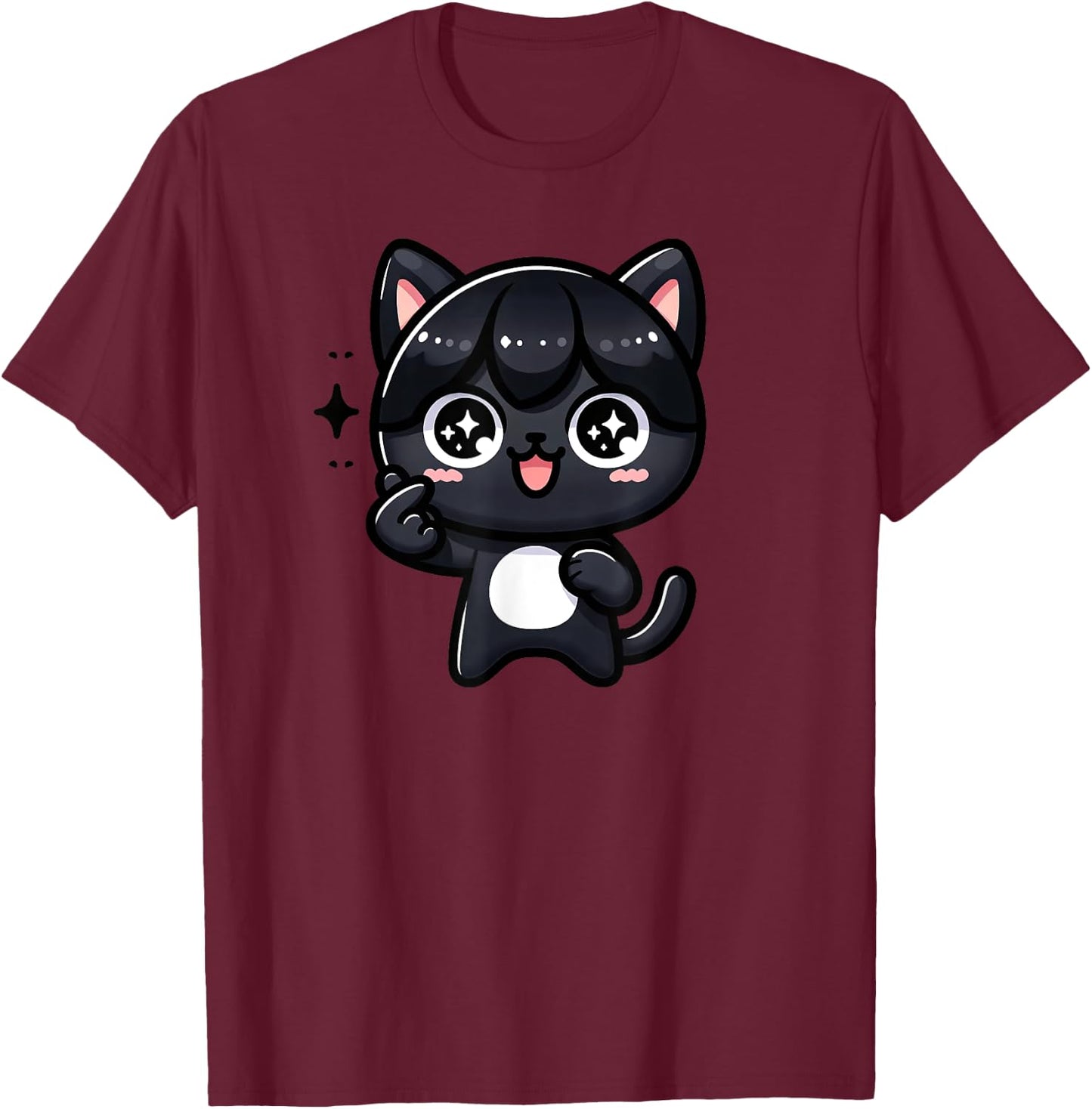 Funny Black Cat Cartoon Finger-heart K-pop Korean Men Women T-Shirt - T-Shirt | Maroon